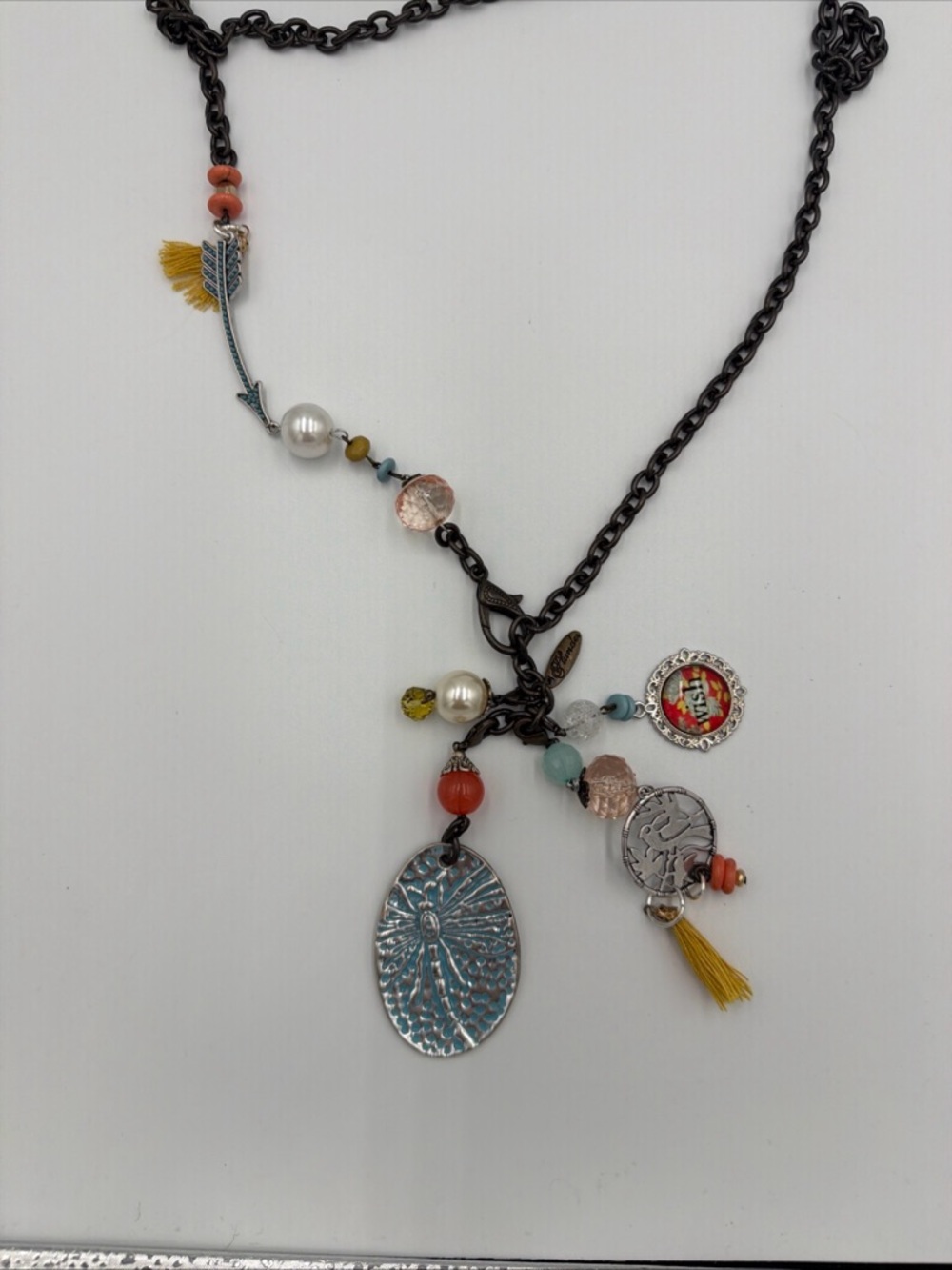 Plunder Multicharm Pendant Necklace in Turquoise, Coral & Yellow